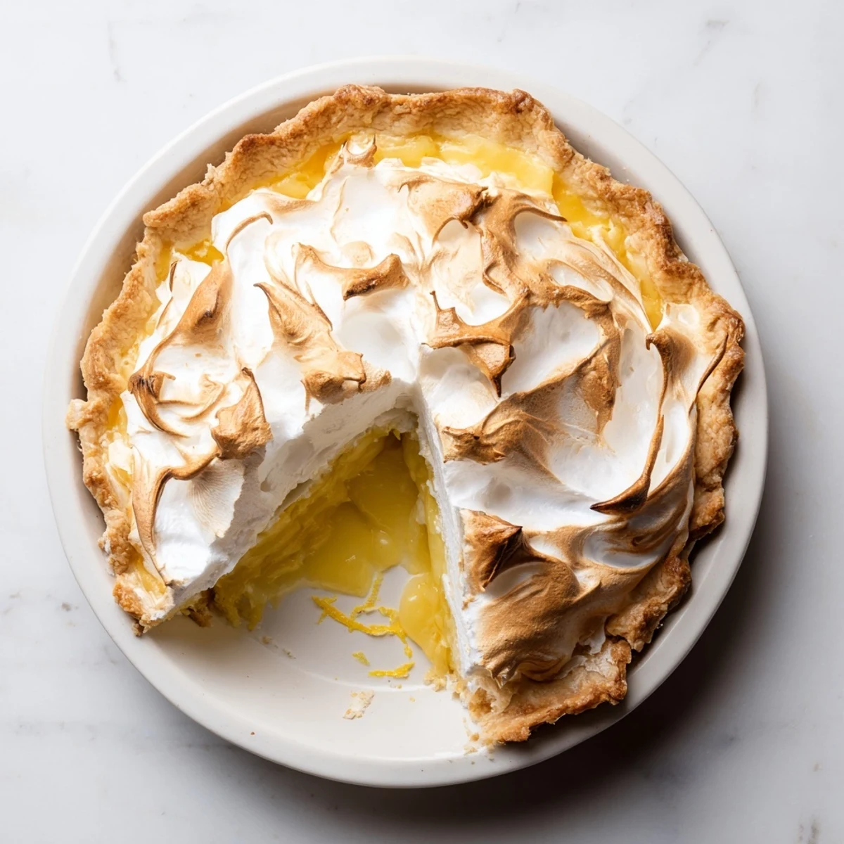 A slice of Lemon Meringue Pie, showcasing the golden meringue atop a creamy lemon filling.