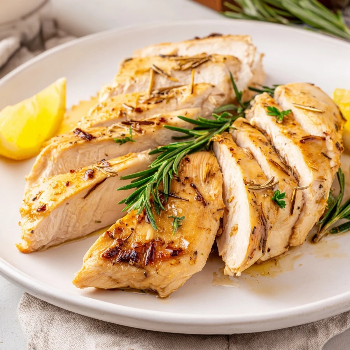 Tender, seasoned roasted chicken breast, cooked to perfection, showcasing a simple American recipe.