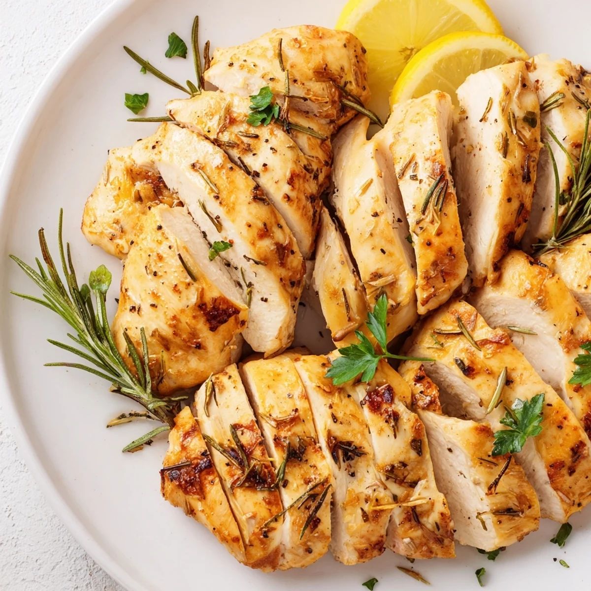 Golden-brown roasted chicken breast, juicy and flavorful, ready to serve with lemon wedges and parsley.