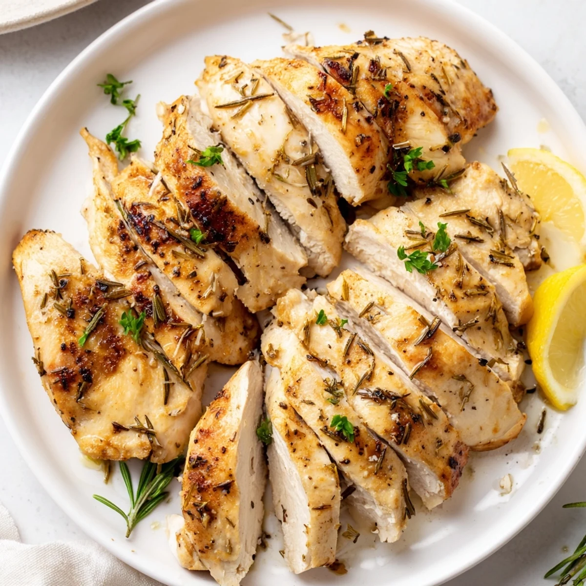 A close-up of a perfectly roasted chicken breast, ready for slicing, prepared with herbs and lemon.