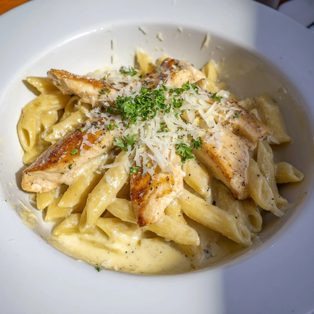 Garnished Creamy Chicken Pasta awaits, showcasing tender slices of chicken and fresh parsley.