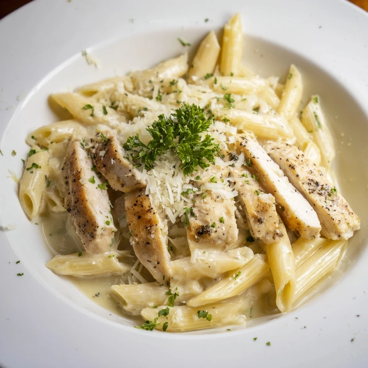 Close-up of Creamy Chicken Pasta, with penne coated in a velvety, creamy, parmesan sauce.