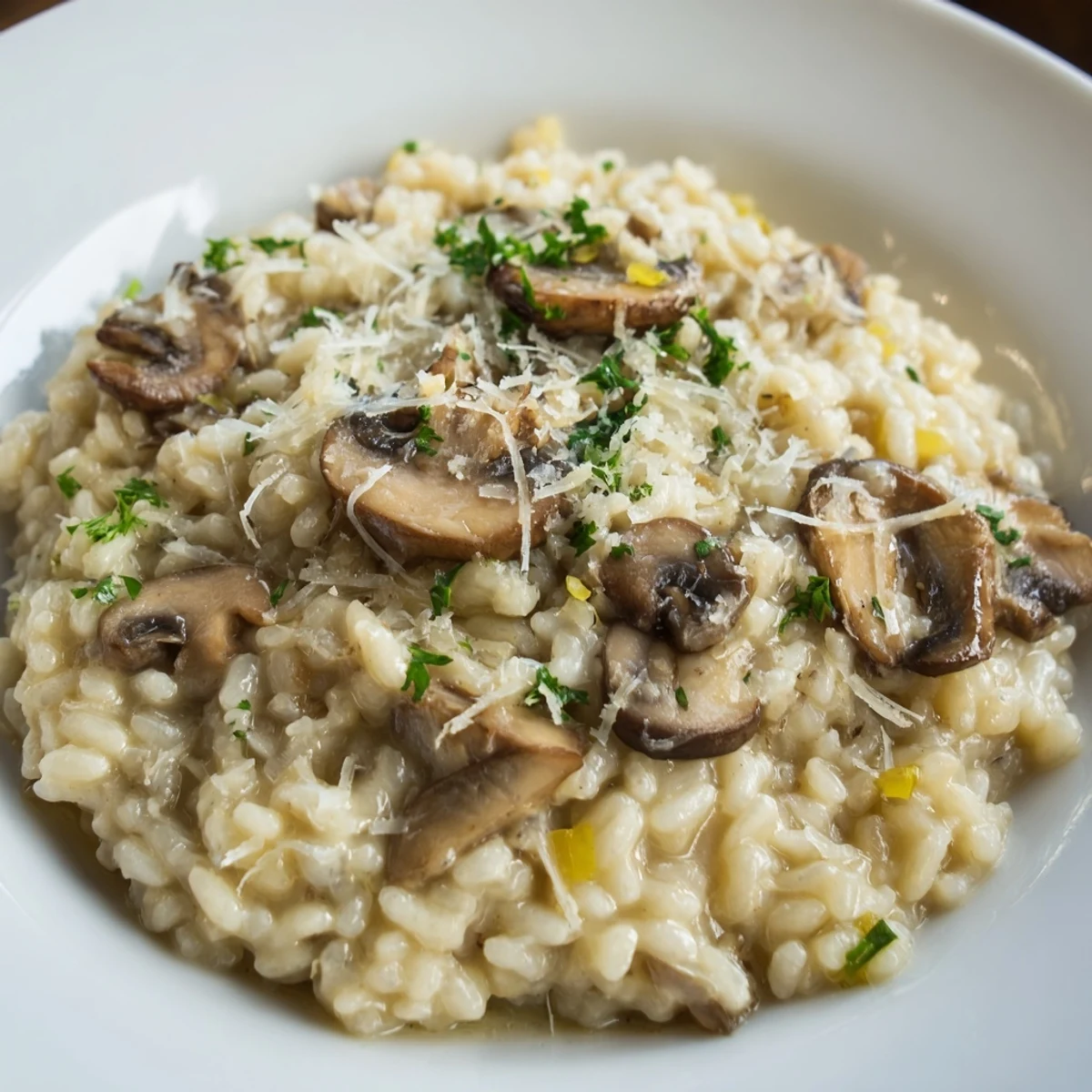 Close-up of golden creamy mushroom risotto, with visible mushrooms and grated cheese.