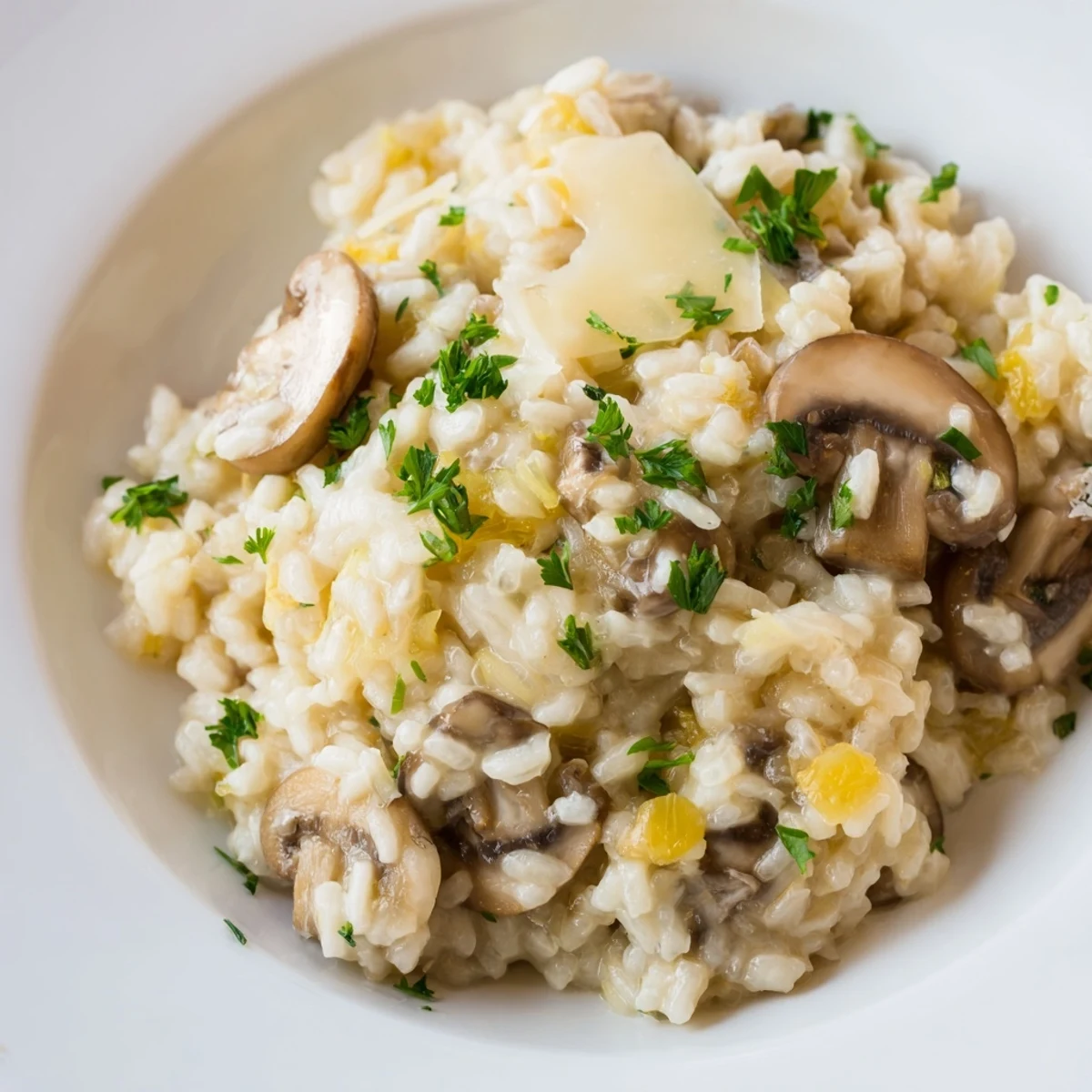 A steaming bowl of creamy mushroom risotto, garnished with fresh parsley and Parmesan.