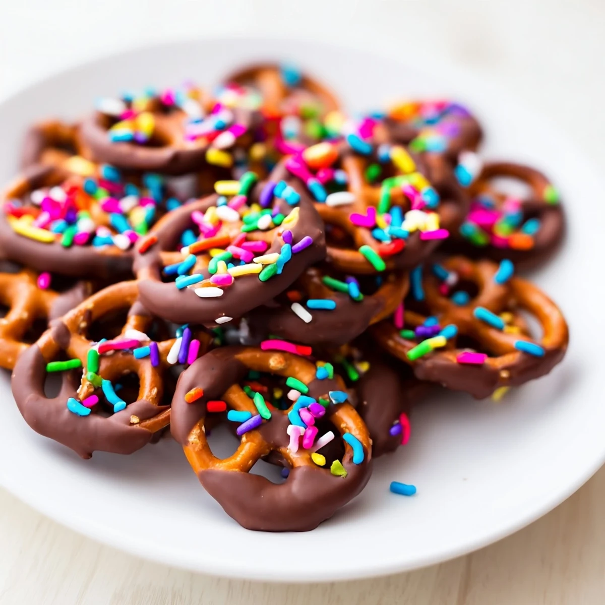 Chocolate Covered Pretzels with Sprinkles shimmering with colorful sprinkles, a delightful, homemade, sweet treat to savor.