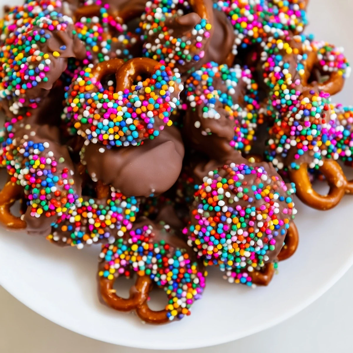 Close-up of freshly made chocolate-covered pretzels, inviting with melty chocolate and festive sprinkles.