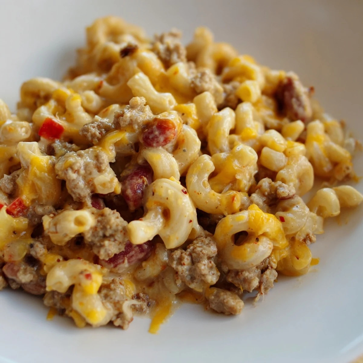 This flavorful turkey chili mac and cheese shows a close-up, highlighting creamy cheese and tender pasta.
