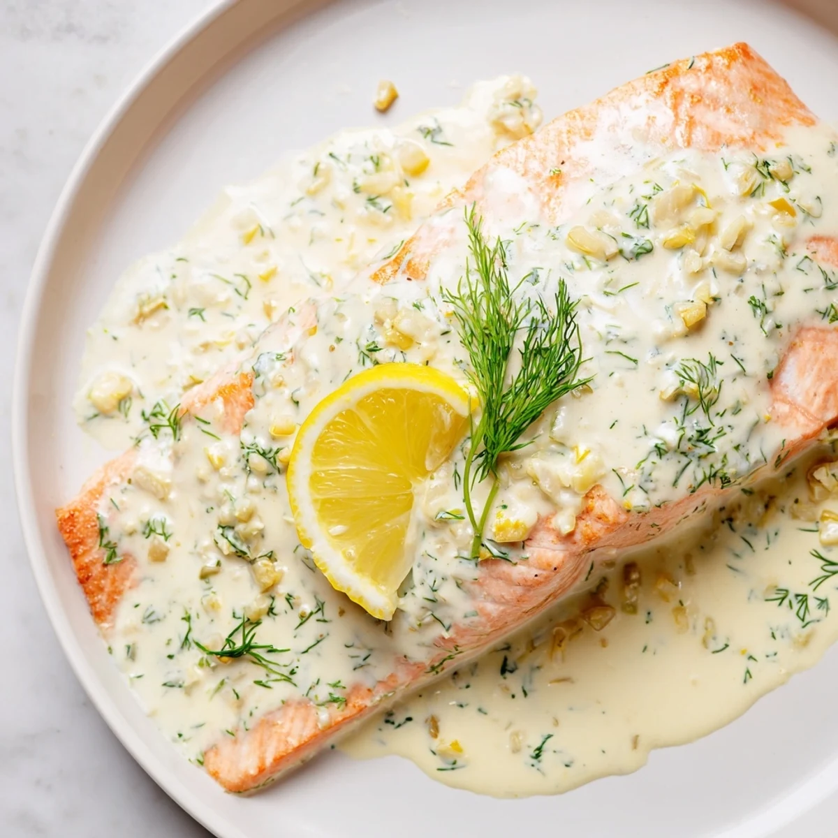 Golden baked salmon with dill and lemon sauce, garnished with fresh herbs and lemon slices.