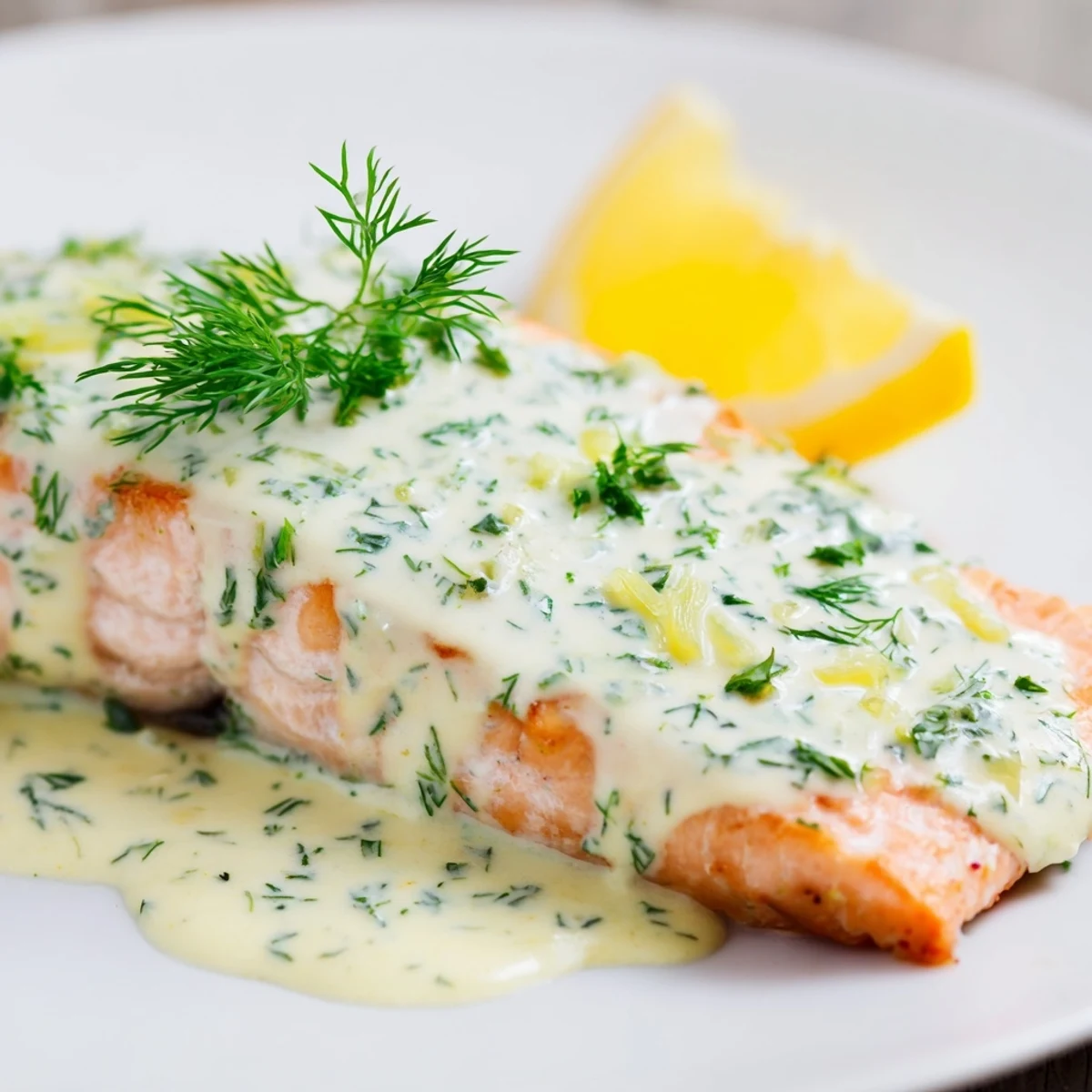 Close-up of flaky, perfectly cooked baked salmon with dill and lemon sauce, ready to serve.