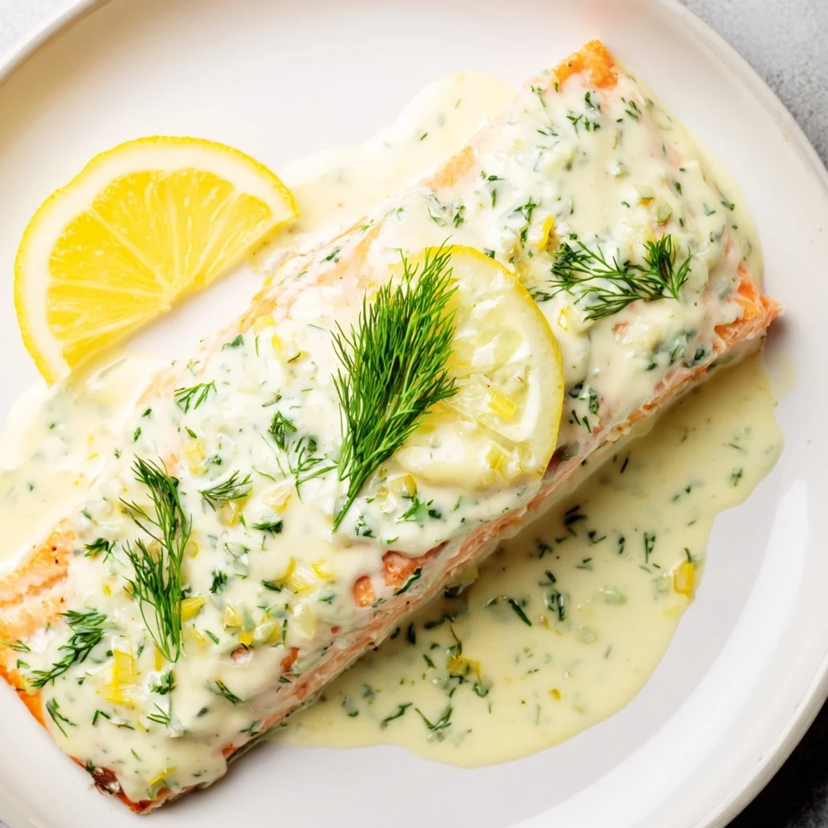 Oven-baked salmon with dill and lemon sauce, a flavorful and easy weeknight meal idea.