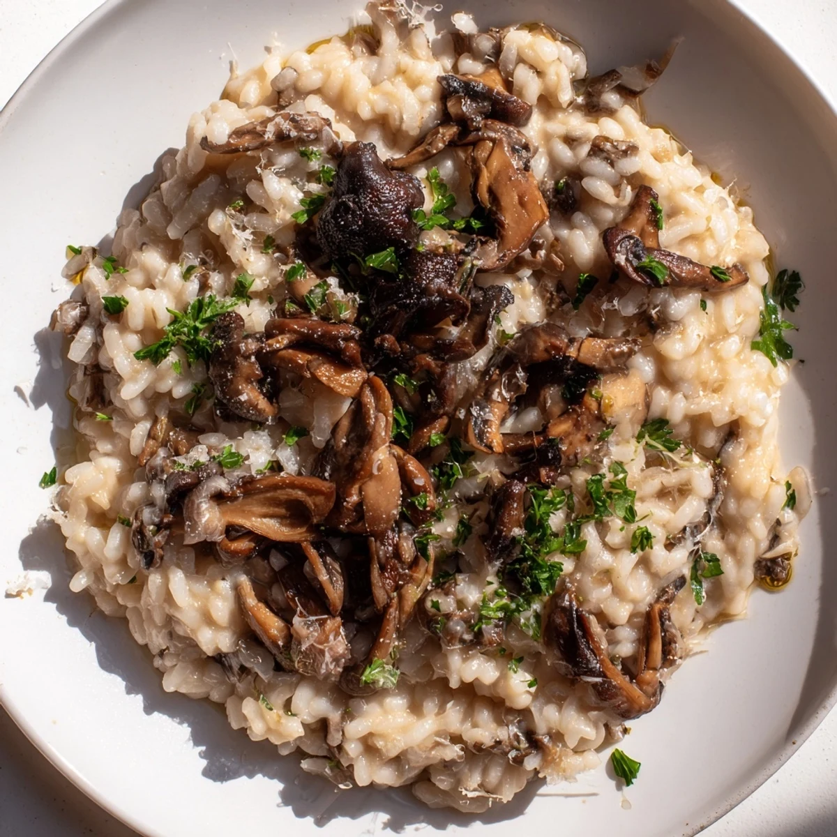 Close-up of a bowl of Mushroom Risotto, showcasing the creamy texture and aromatic truffle oil.