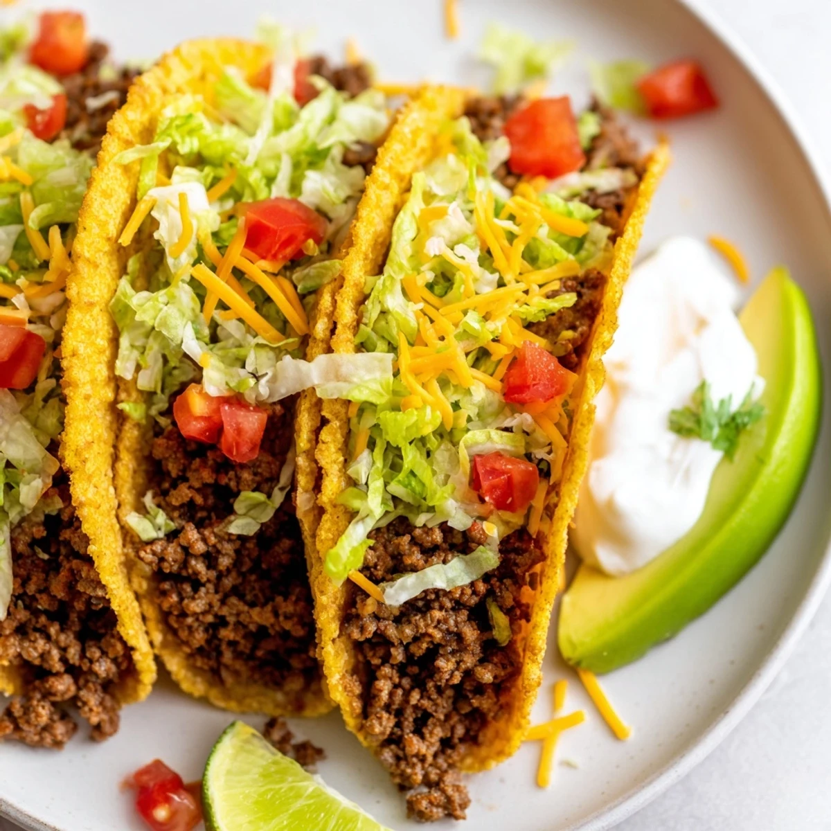 Golden-brown beef tacos overflowing with seasoned meat and colorful fresh toppings, ready to enjoy.