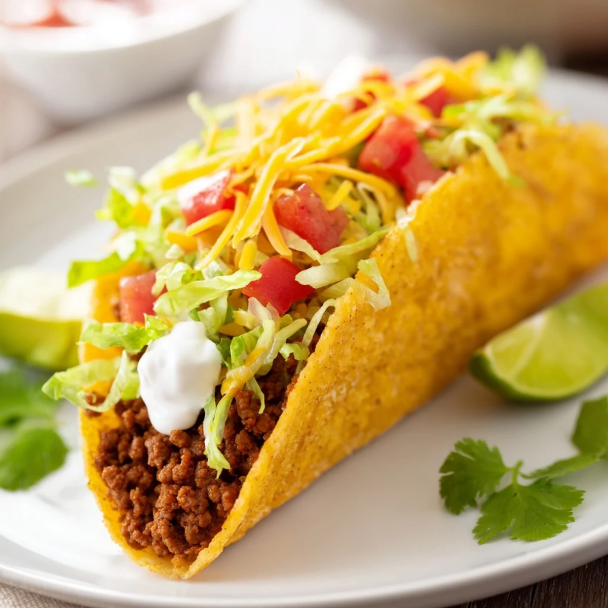 Crispy taco shells cradling savory beef tacos, a delicious Mexican-inspired meal on a plate.