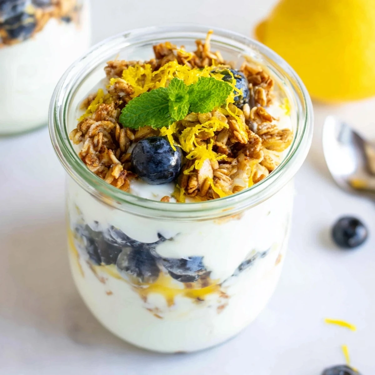 Tangy Lemon Blueberry Yogurt Parfait layered with crunchy granola, a perfect breakfast treat.