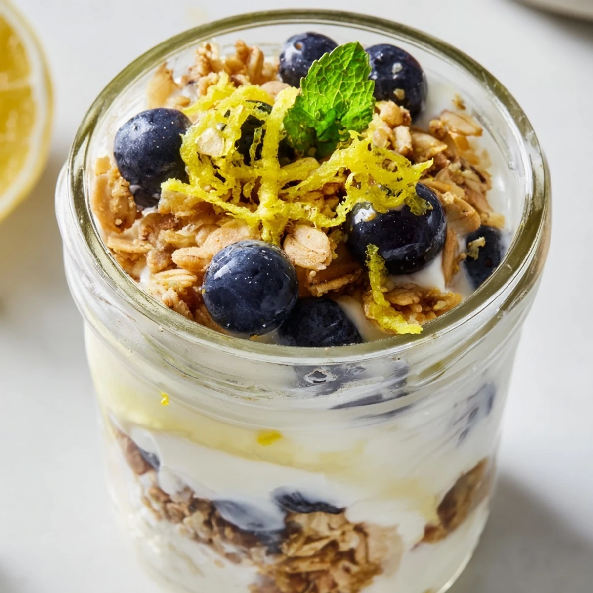 Creamy Lemon Blueberry Yogurt Parfait with a beautiful layering of ingredients ready to enjoy.