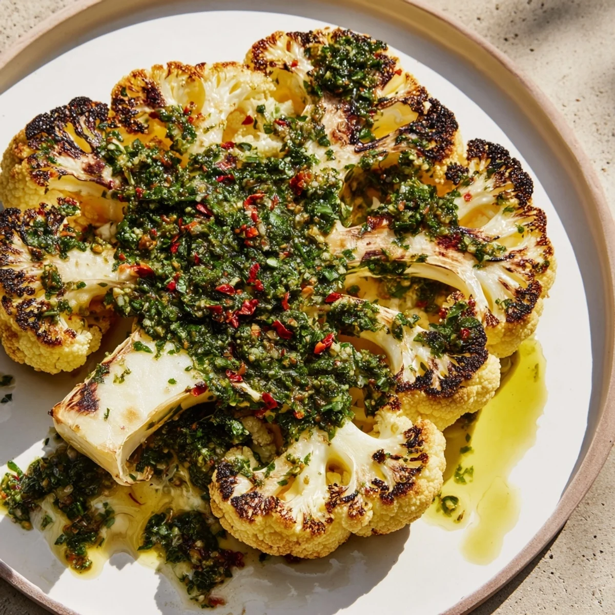 Golden-brown roasted cauliflower steaks, drizzled with vibrant green chimichurri, ready to enjoy.