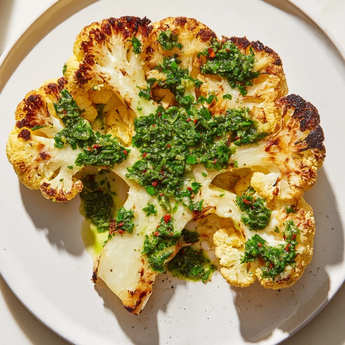 Savory roasted cauliflower steaks with a bright, flavorful chimichurri sauce, perfect for a vegan meal.