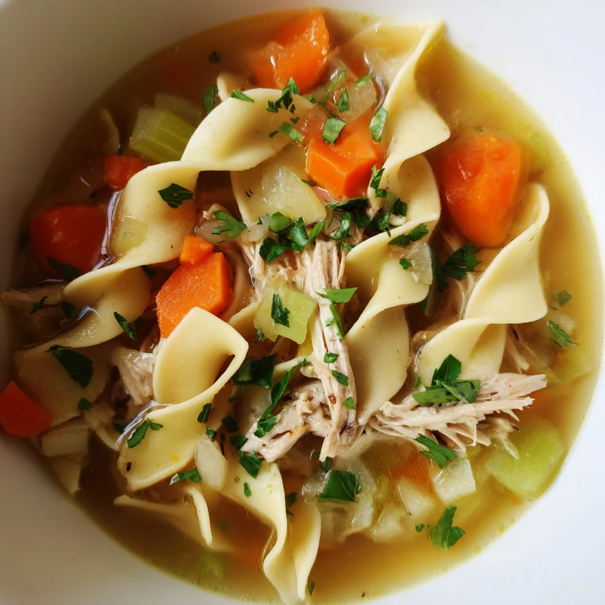 A steaming bowl of Chicken Noodle Soup with homemade noodles, ready to warm you.