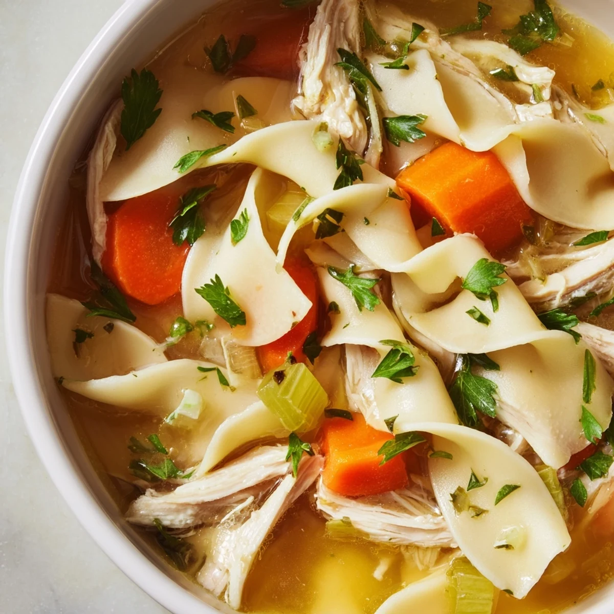 Close-up of hearty Chicken Noodle Soup showcasing golden noodles and tender chicken.