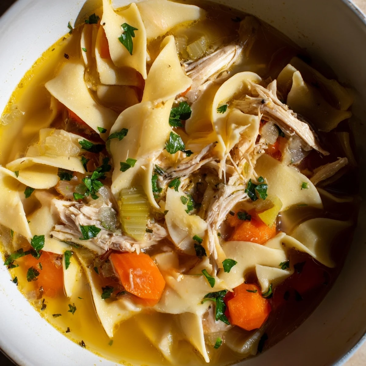 Delicious Chicken Noodle Soup with fresh parsley, served in a rustic bowl.