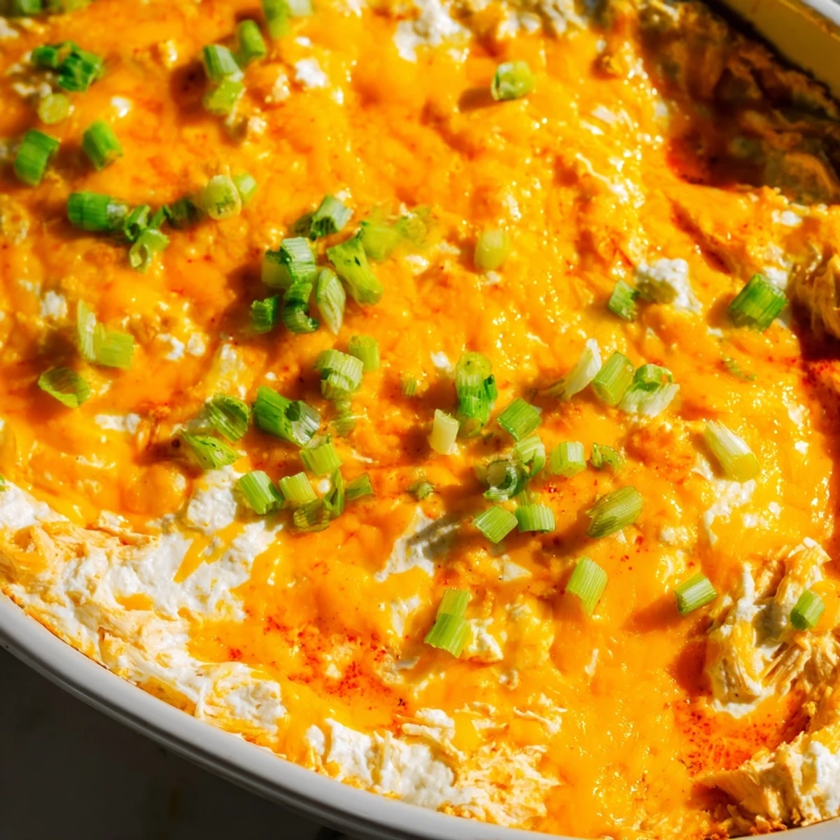 A delicious close-up of Spicy Buffalo Chicken Dip, a party favorite, served with a pile of tortilla chips.