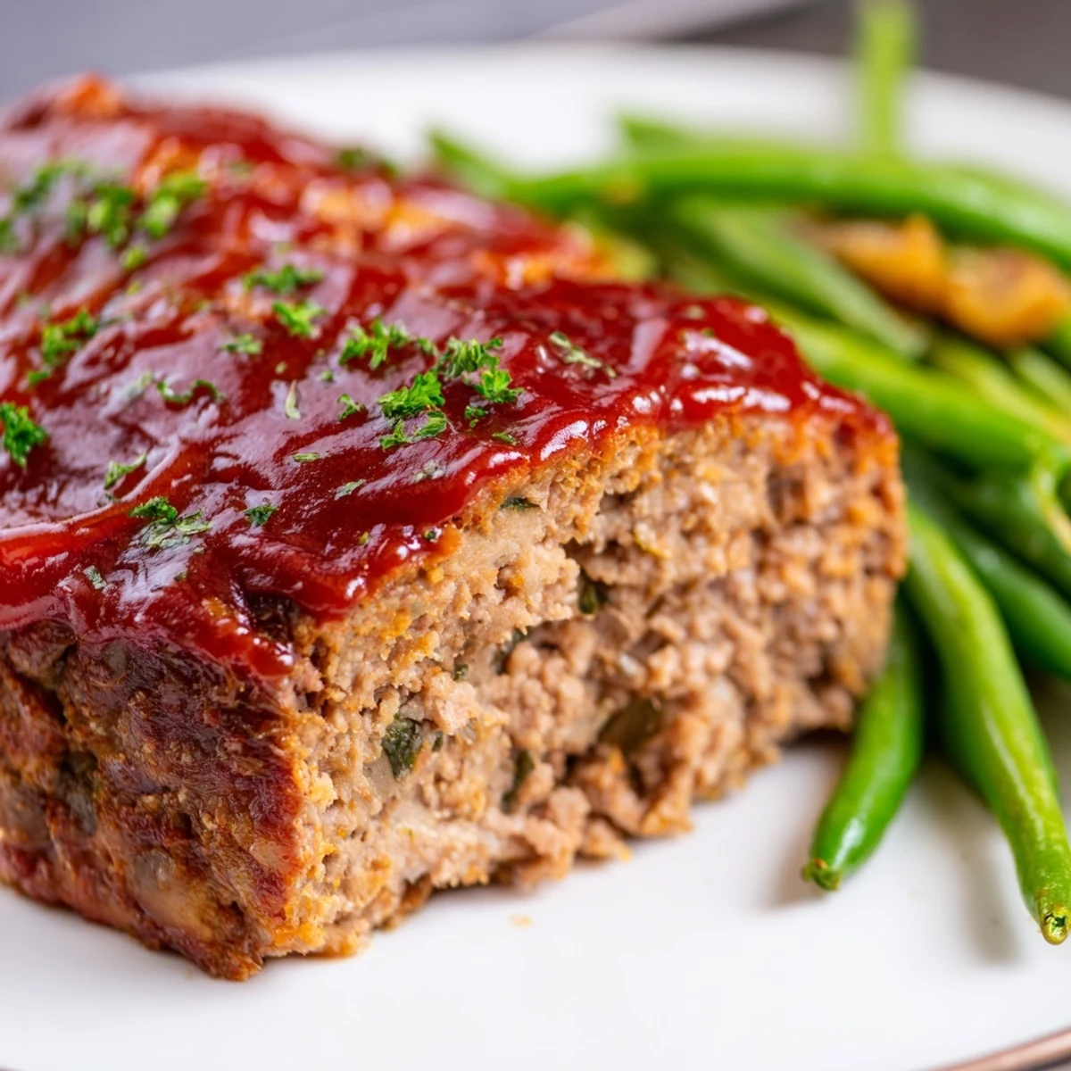 Tender turkey meatloaf with a shiny glaze, alongside vibrant green beans; a complete meal.