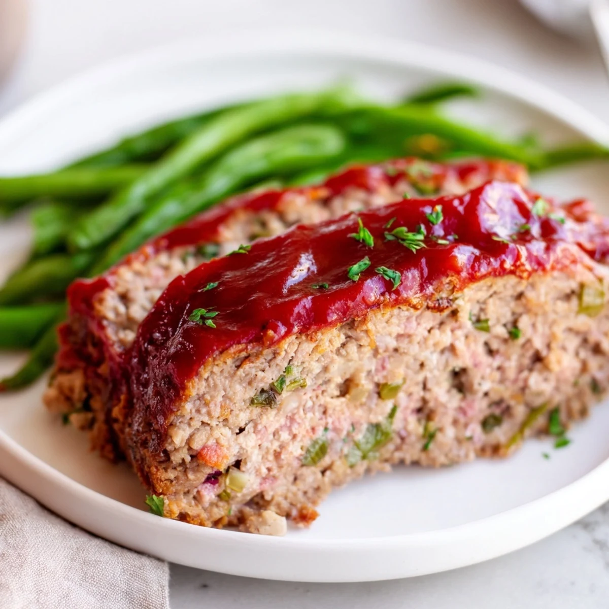 Warm, glazed turkey meatloaf with green beans, picturing a classic and satisfying dinner plate.