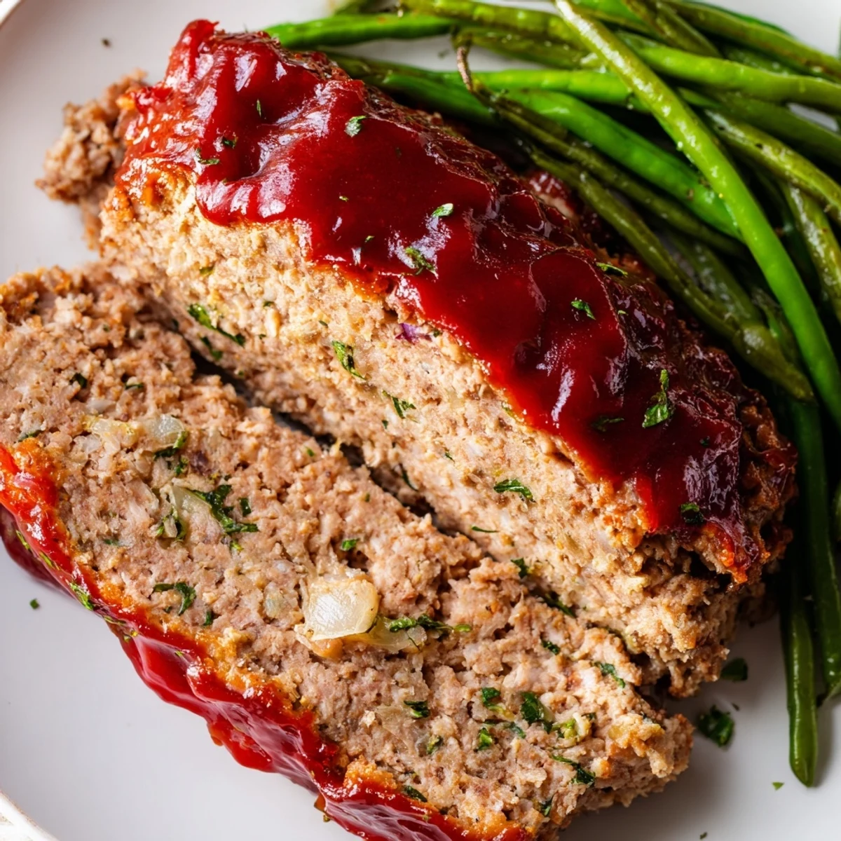 Juicy turkey meatloaf with a sweet glaze, next to fresh, sautéed green beans; a flavorful serving.