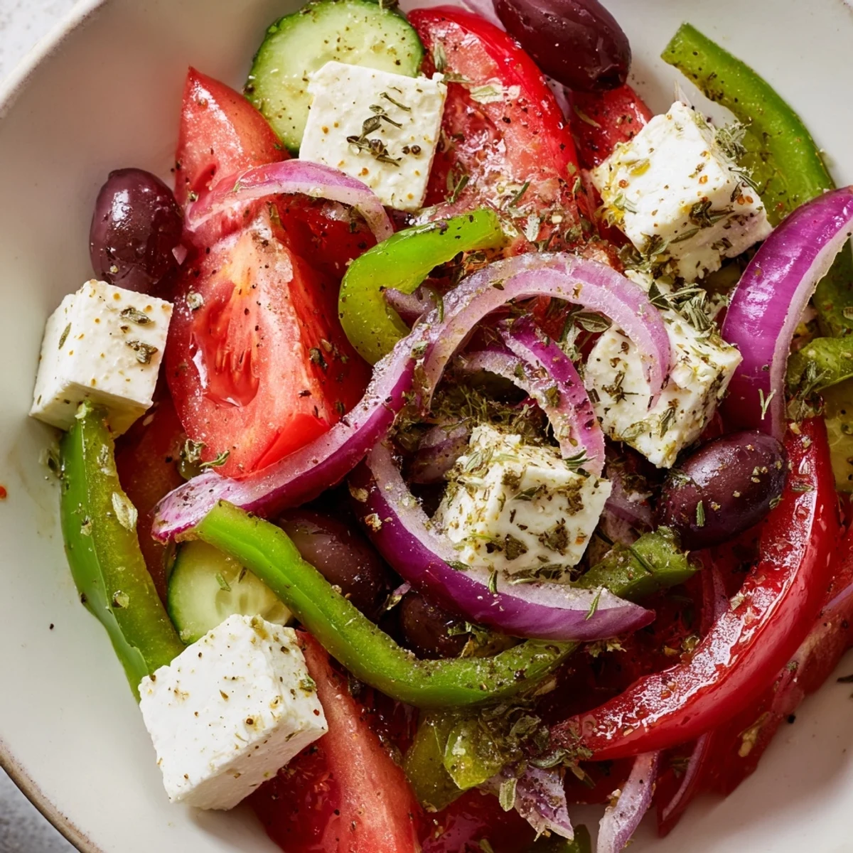 A brightly colored Greek salad with Kalamata olives and feta, ready to serve with a simple dressing.