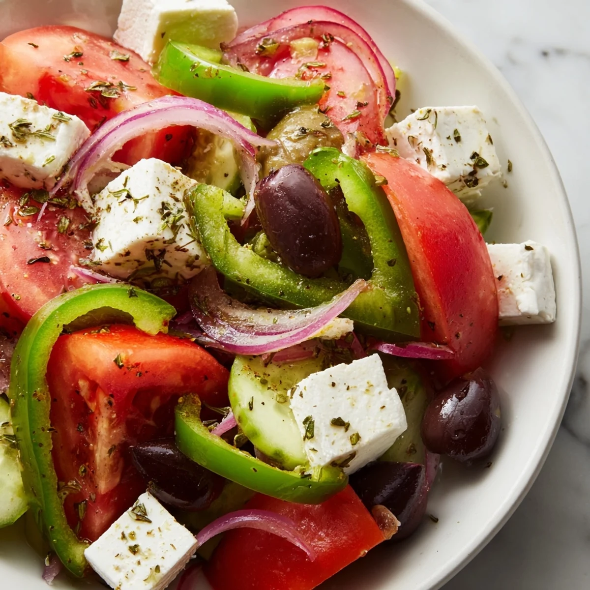 Freshly made Greek salad with Kalamata olives and feta, showcasing the vibrant ingredients in a bowl.