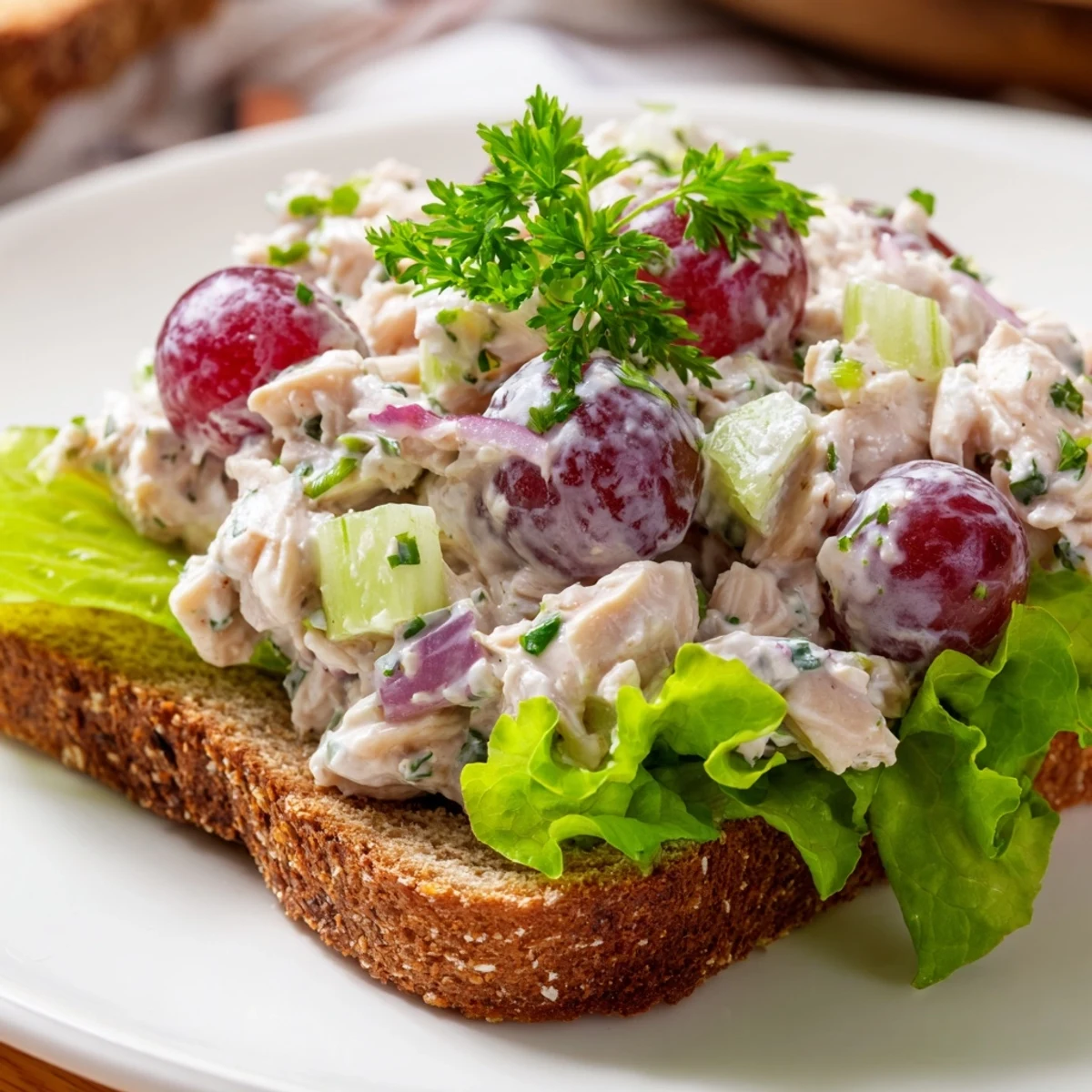 A close-up of a chicken salad sandwich with grapes, showing juicy grapes and a creamy texture.