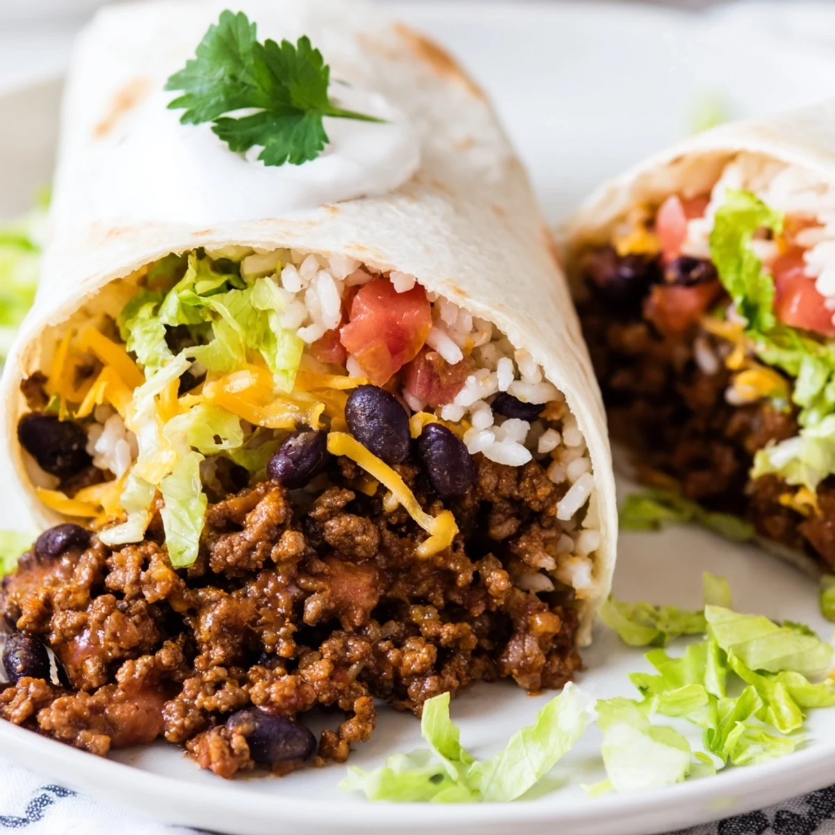 A loaded plate of Beef Burritos with melted cheese, fresh salsa, and sour cream.