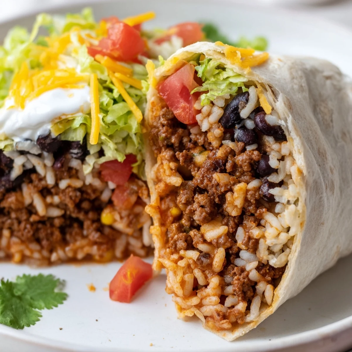Close-up of a delicious Beef Burrito, sliced in half, revealing rice, beef, and cheese.