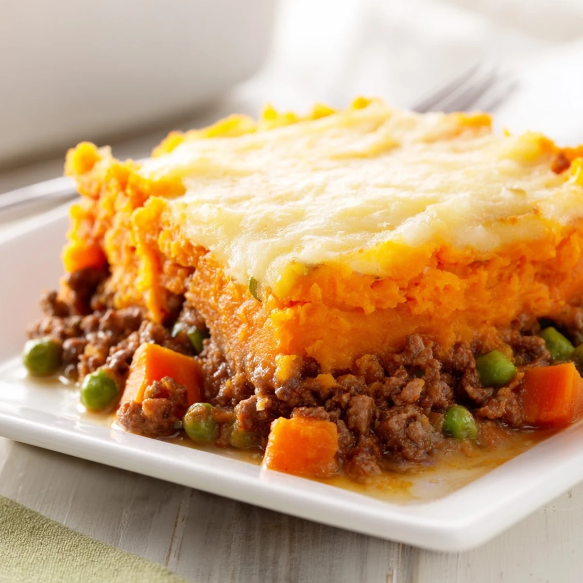 Savory Beef Shepherd's Pie with sweet potato topping, a comforting, bubbly baked main dish.