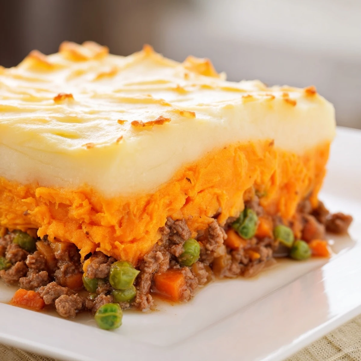 A close-up shot of homemade Beef Shepherd's Pie showcasing layers of meat and sweet potatoes.