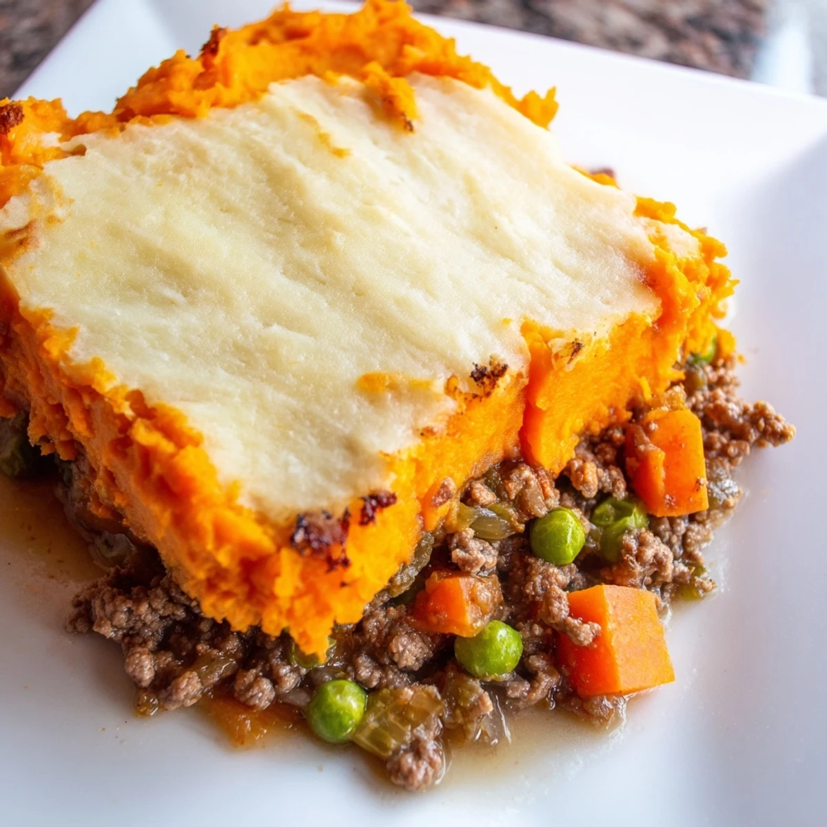 Golden-brown crust of Beef Shepherd's Pie, steaming from the oven, ready for serving.