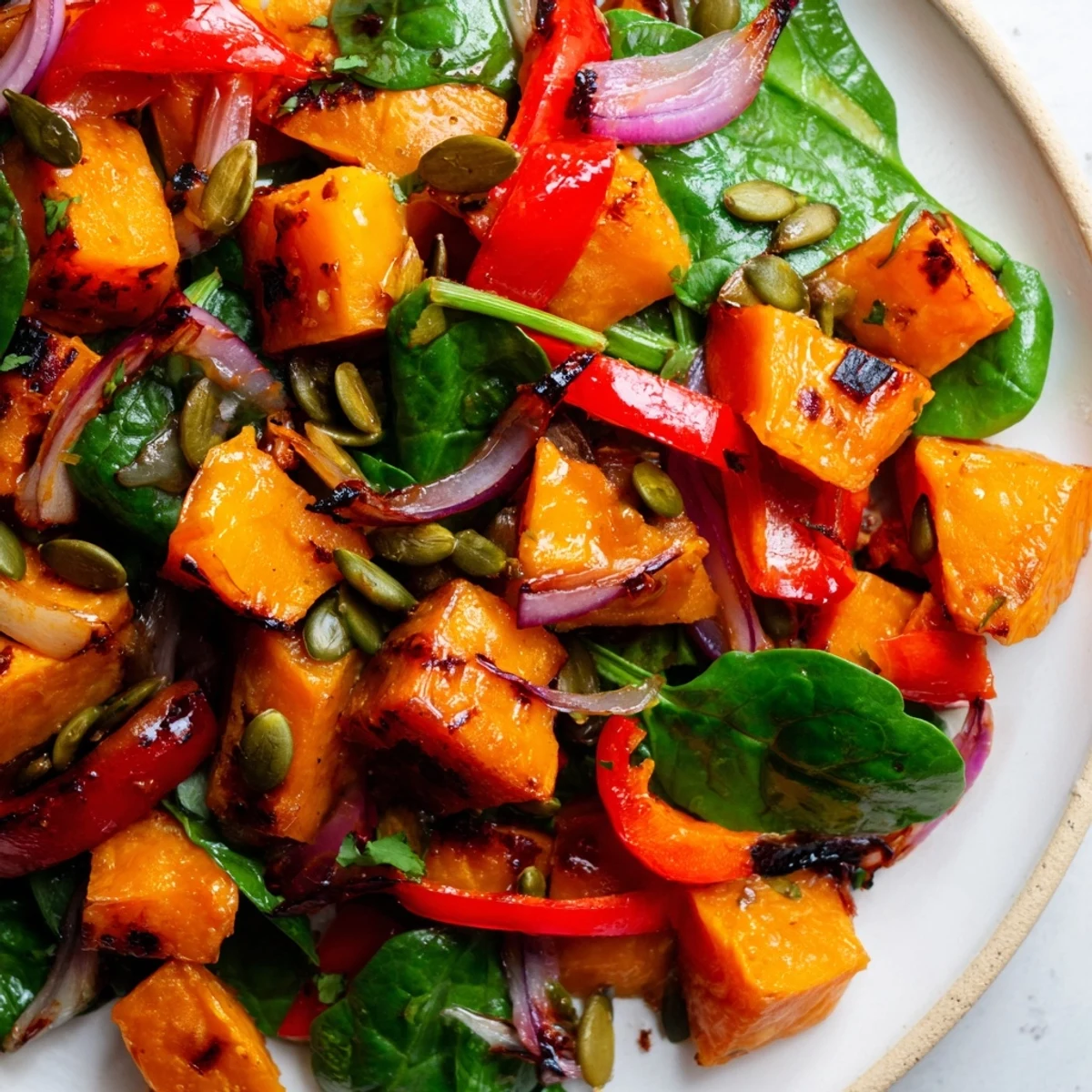 A colorful bowl of roasted sweet potato salad with lime, sprinkled with toasted seeds, ready to eat.