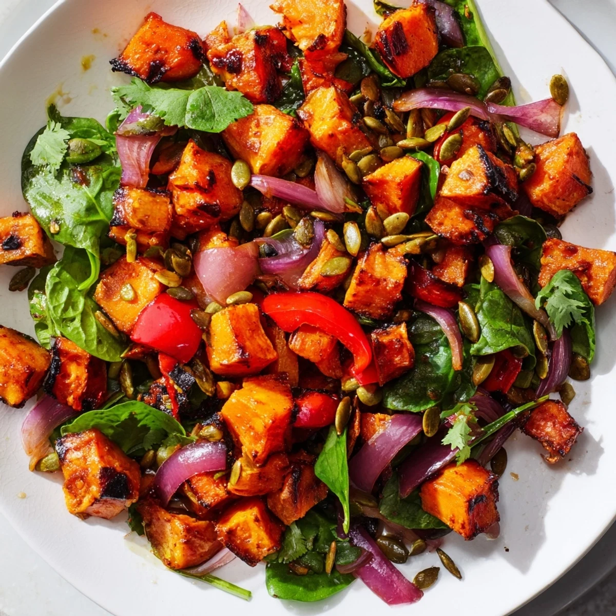 Caramelized pieces of roasted sweet potato salad with lime, vibrant with fresh vegetables and herbs.