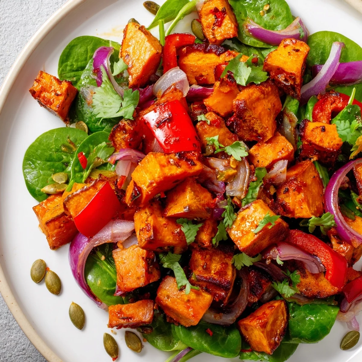 Close-up of a flavorful roasted sweet potato salad with lime, coated in a zesty dressing.