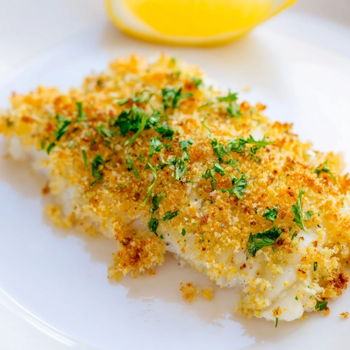 Golden, crispy Baked Cod with Panko Crust, ready to slice, promising a flaky, delicious bite.