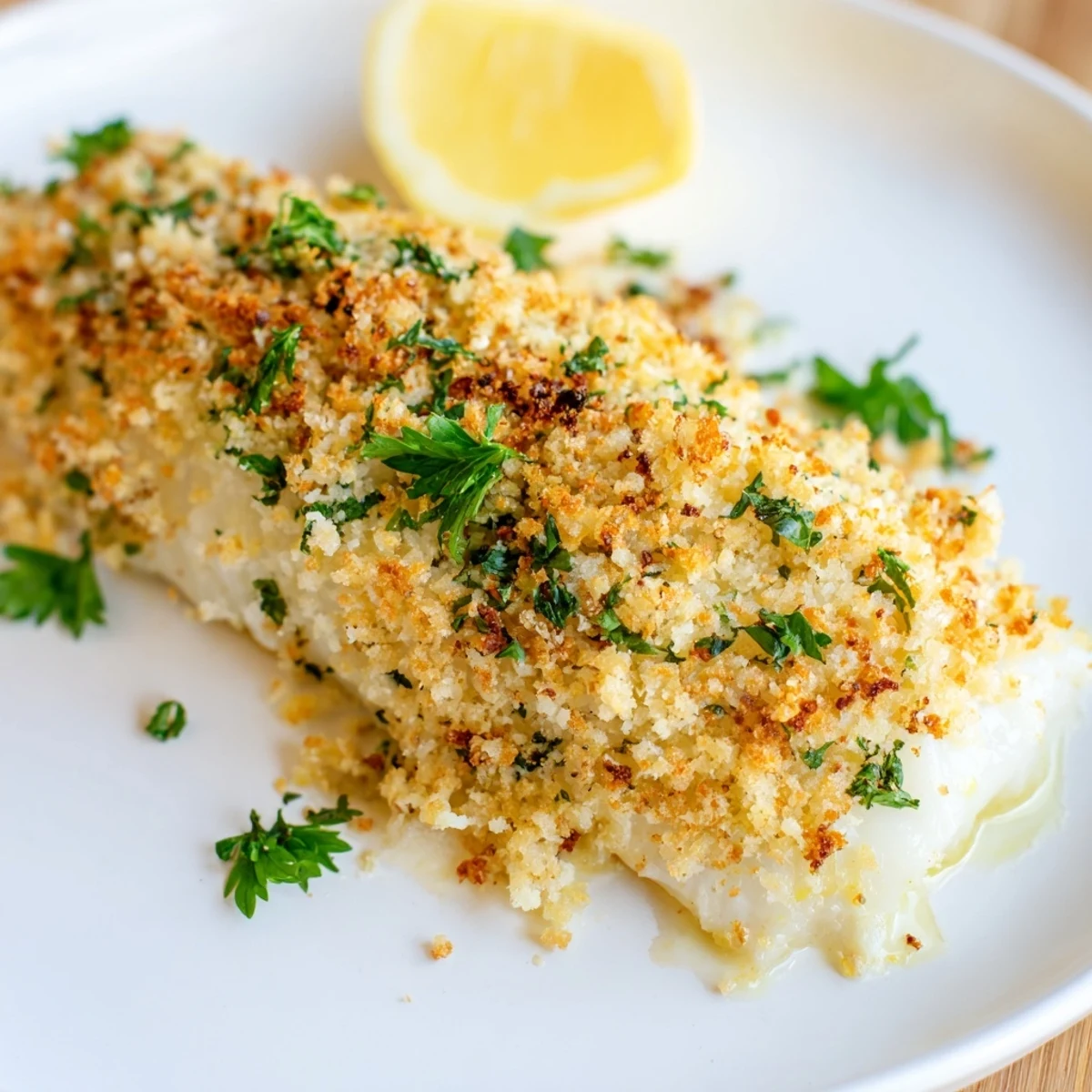 Close-up of baked cod; the panko crust is golden with parsley, promising a flavorful meal.