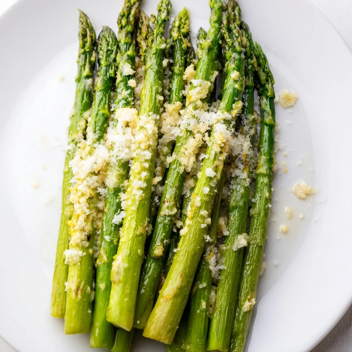Fresh Lemon Garlic Asparagus with Parmesan, a vibrant side dish, ready to serve on a white plate after roasting.