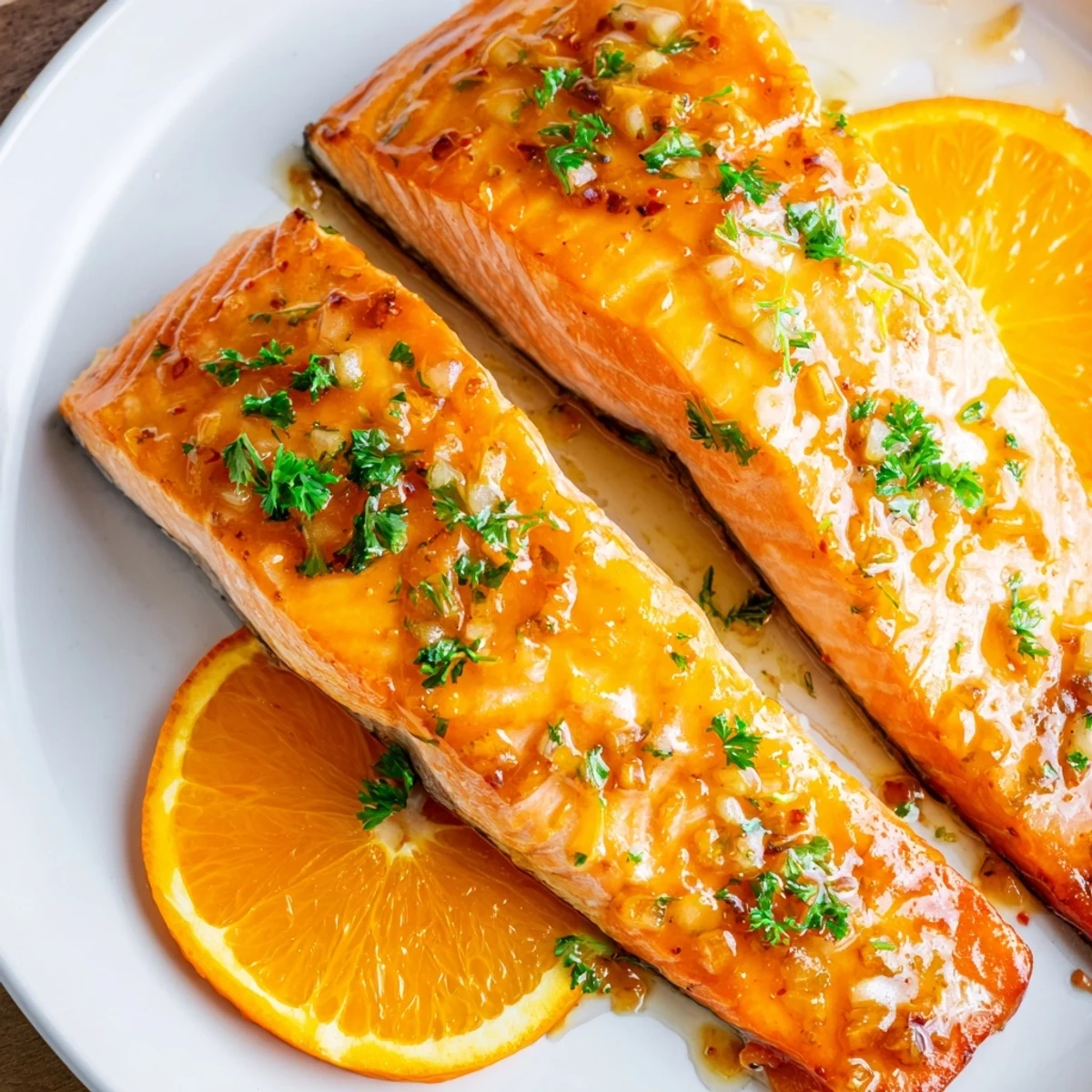 Baked Salmon with Orange Glaze, glistening with a vibrant orange glaze and fresh parsley.