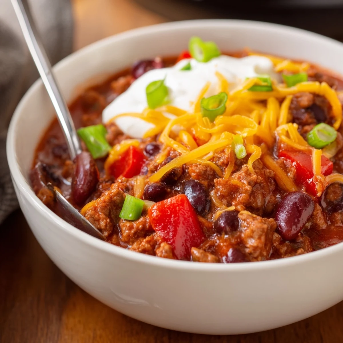 Hearty Beef and Bean Chili with Sharp Cheddar, served steaming hot in a rustic bowl with melted cheese.