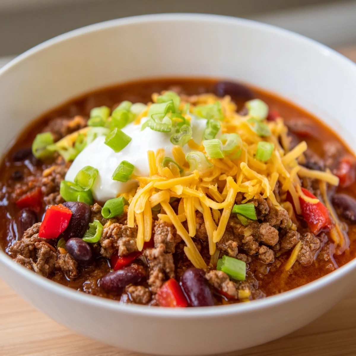 Hot Beef and Bean Chili with Sharp Cheddar topped with sour cream and fresh green onions on a table.