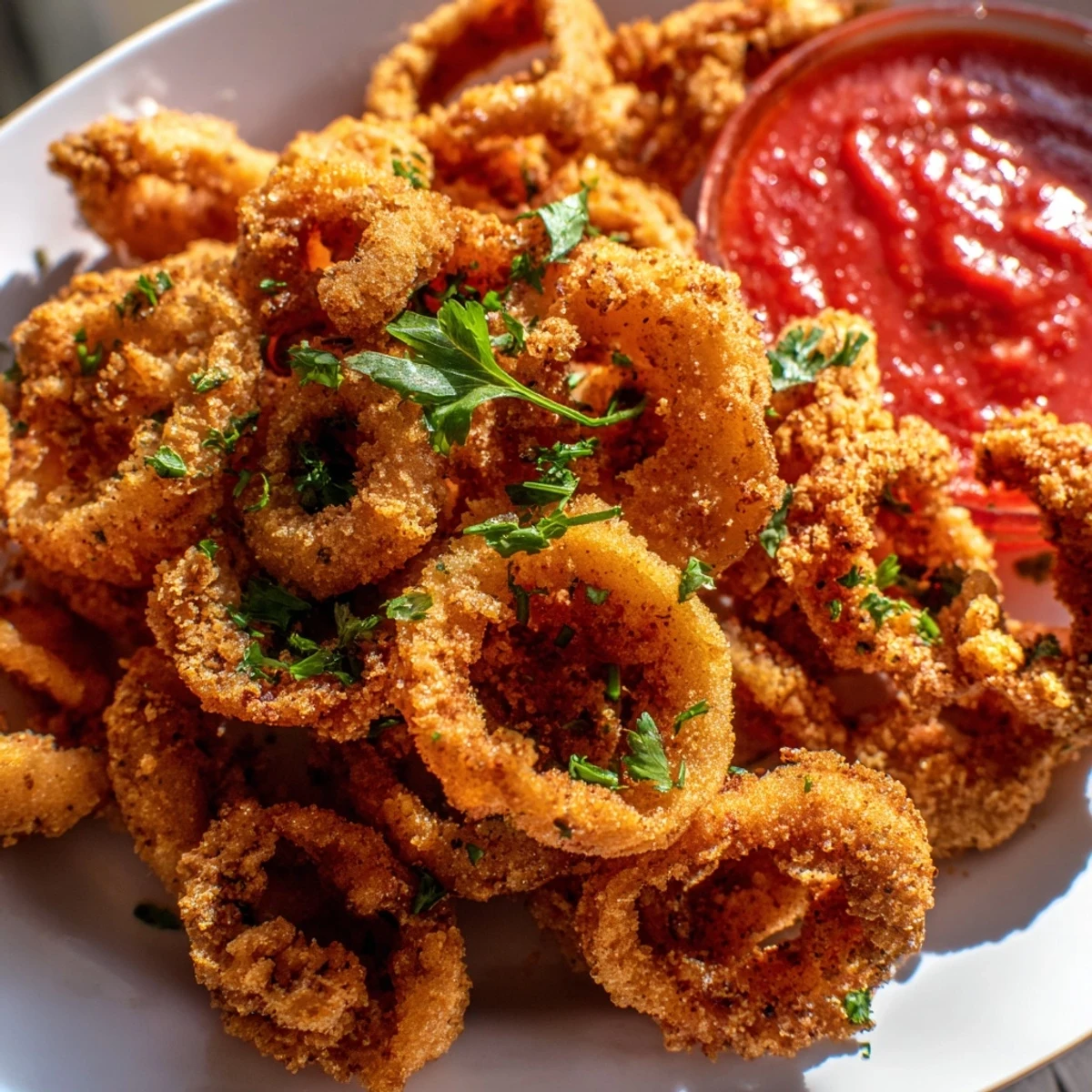 Goldene Crispy Calamari mit hausgemachter Marinara-Dipsoße auf weissem Teller serviert.