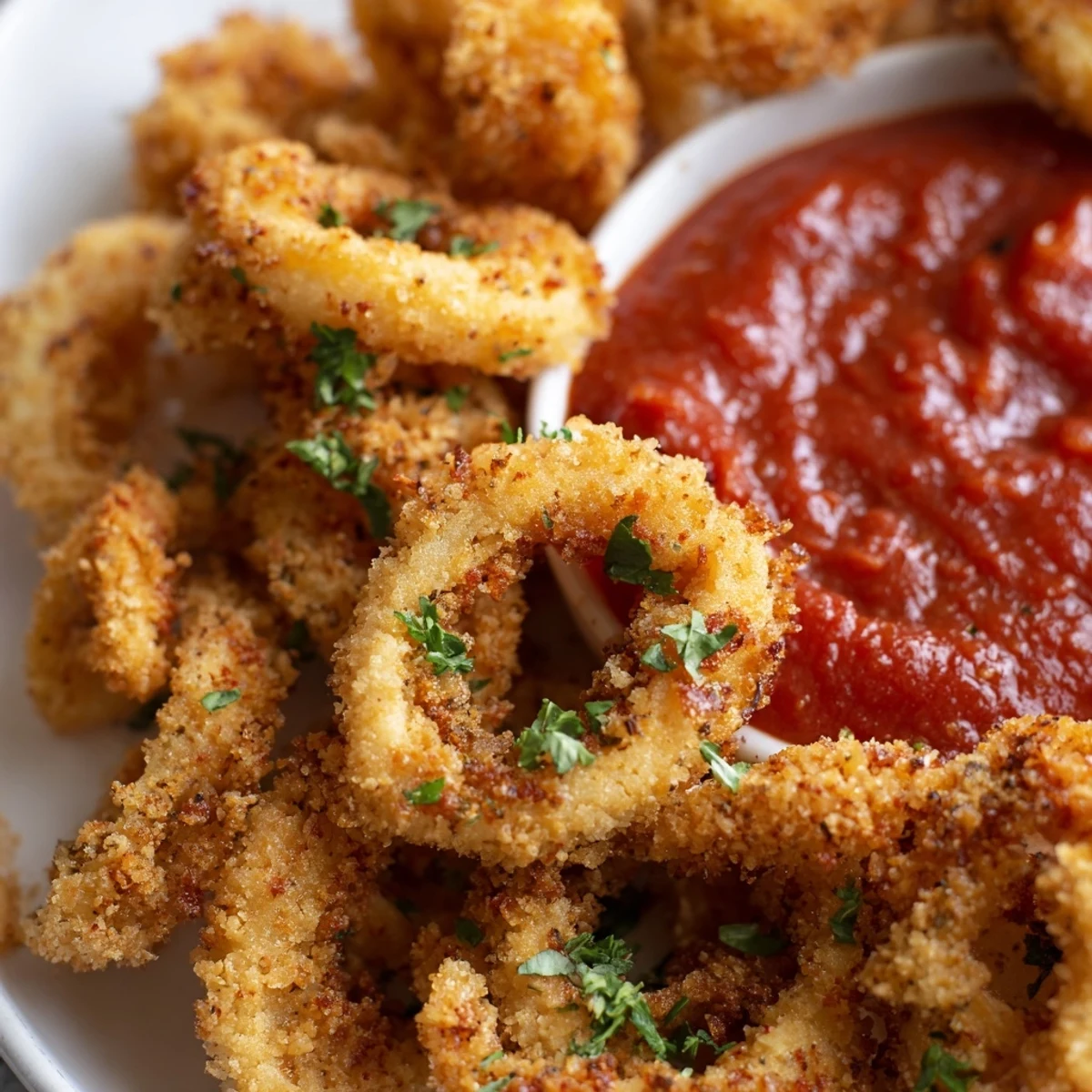 Frisch frittierte Crispy Calamari duften zitronig neben einer dunkelroten Marinara-Dipsoße.