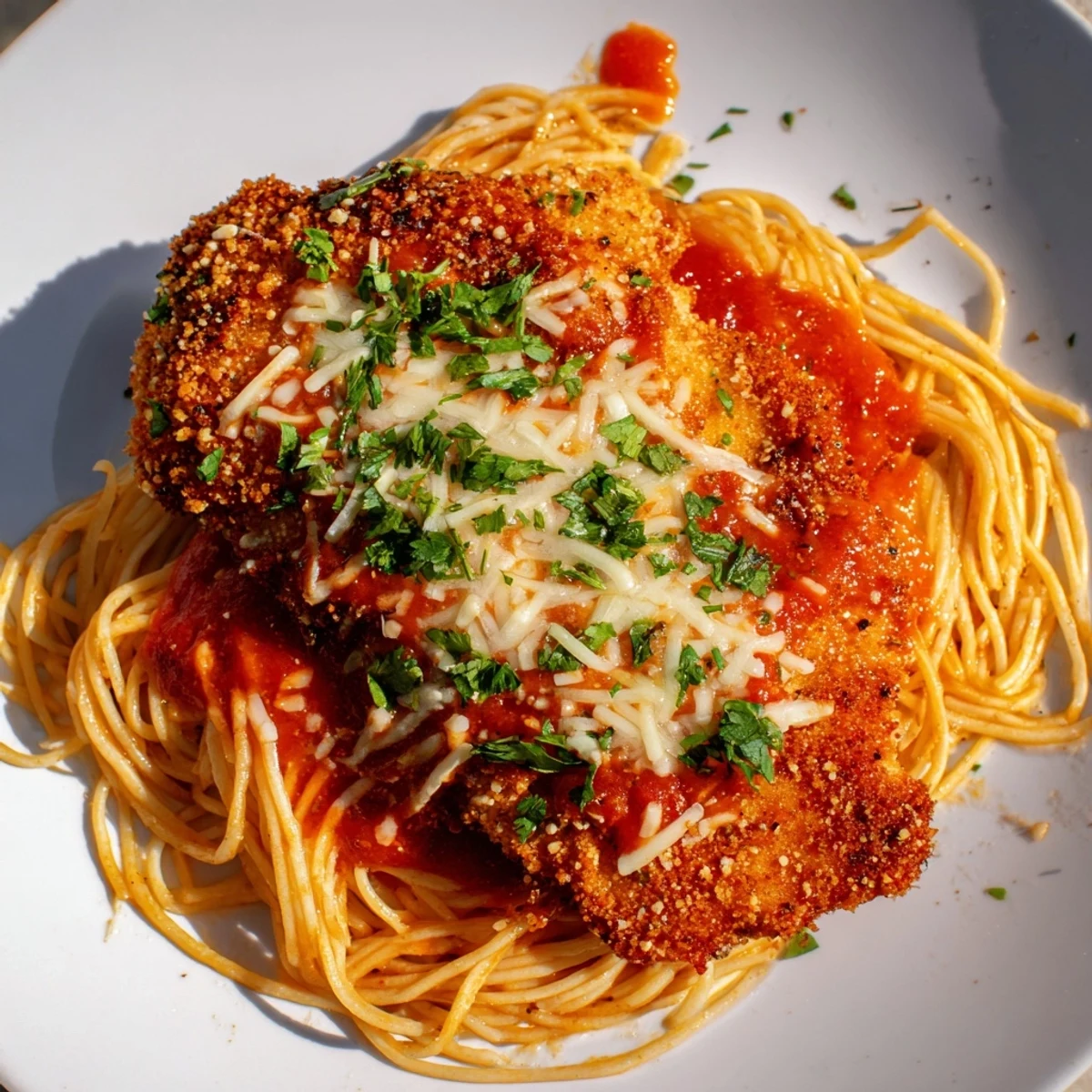 Crispy breaded chicken with melted mozzarella over spaghetti marinara, garnished with fresh basil.