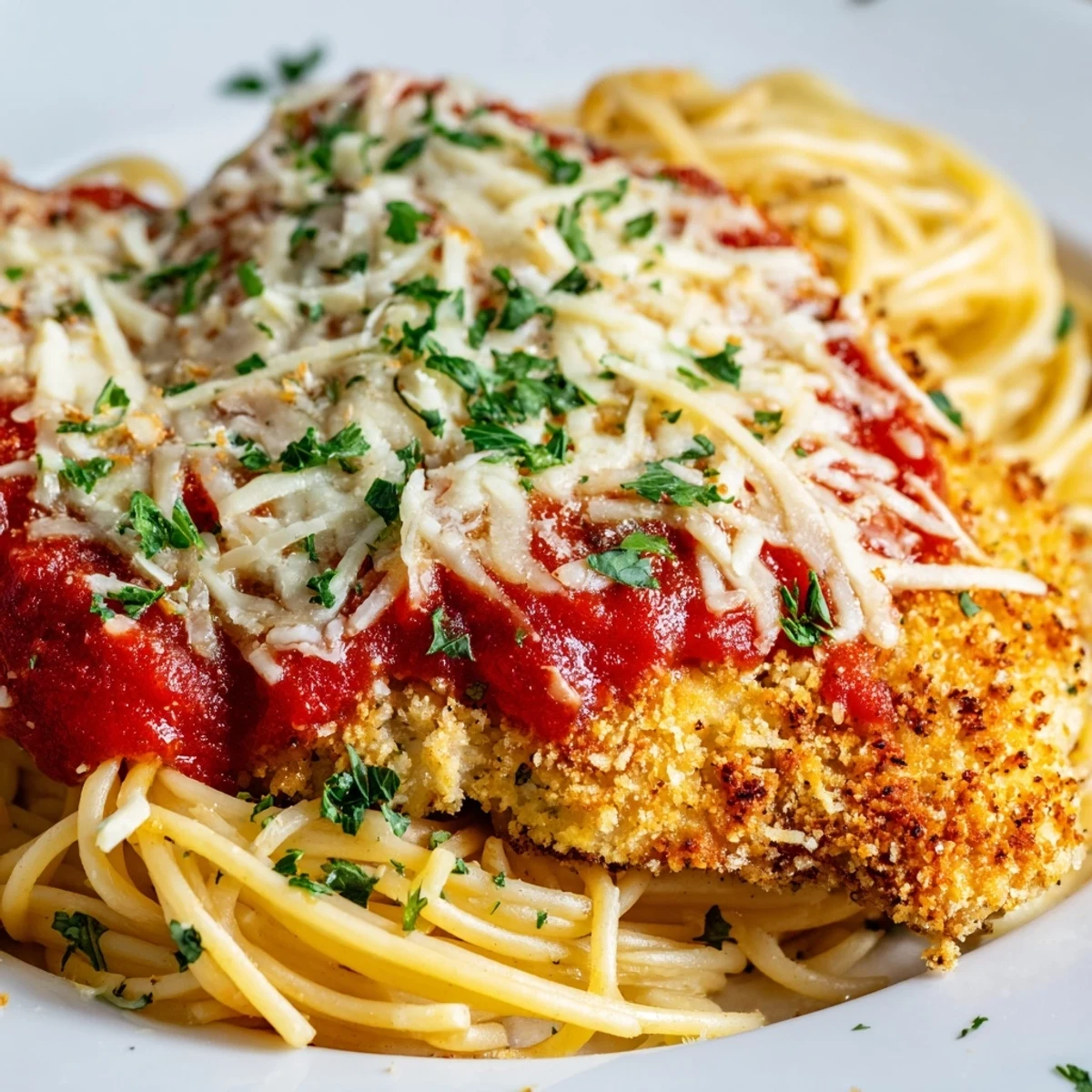 Sizzling skillet Chicken Parmesan topped with marinara and Parmesan, served over spaghetti marinara.