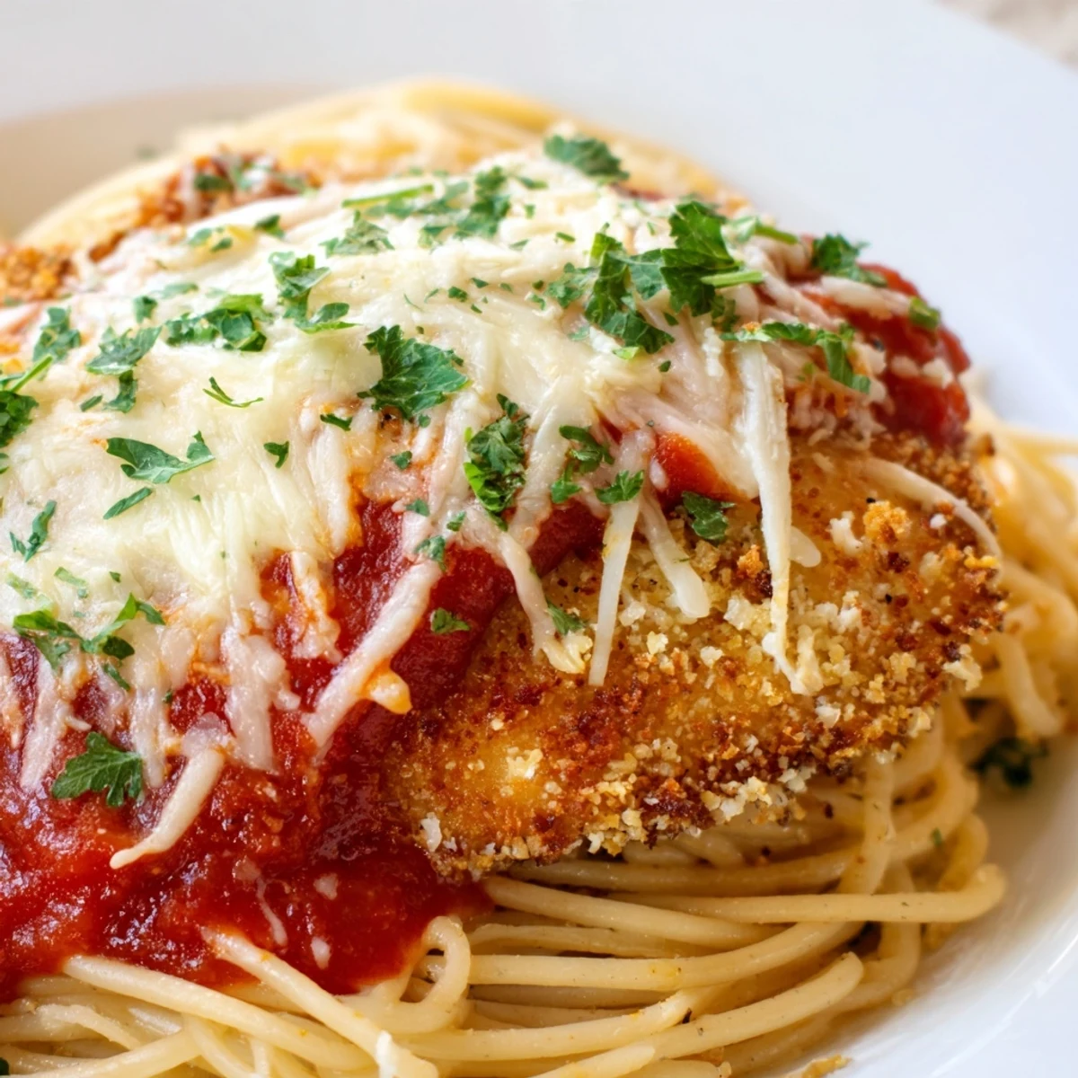 Golden-brown Chicken Parmesan baked with rich tomato sauce and shredded cheese on spaghetti.